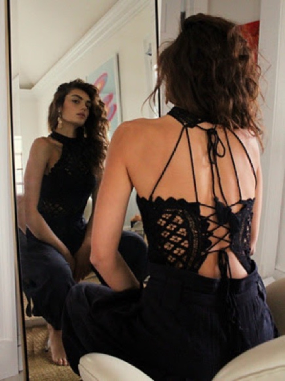 Free People Be My Battenburg Bodysuit in Black XS
